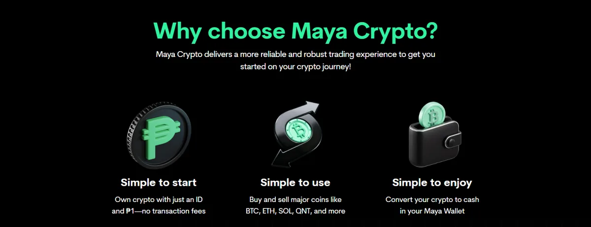 Maya’s crypto page: own crypto with just an ID and ₱1 with no transaction fees, buy and sell major coins, convert crypto to cash in the Maya Wallet.