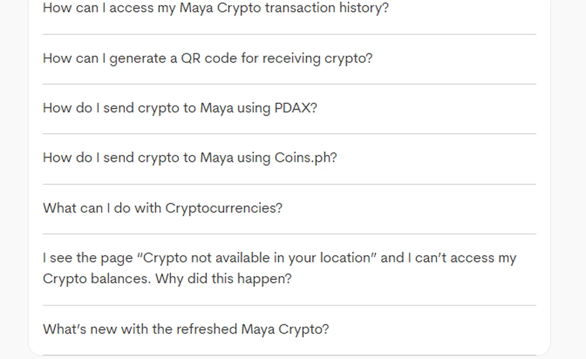 Maya help centre crypto topic listing “How do I send crypto to Maya using PDAX?”, “…using Coins.ph?” and “How can I generate a QR code for receiving crypto?” directly above “What’s new with the refreshed Maya Crypto?”.