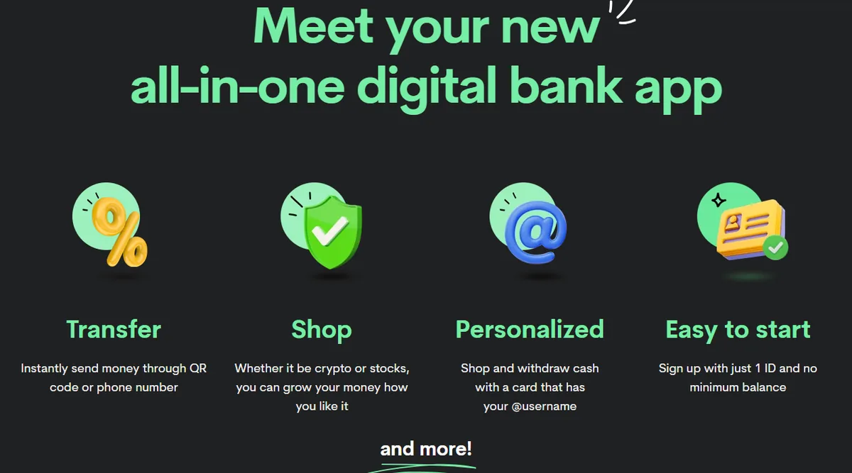 Maya's home page listing four promises: transfer instantly by QR code or phone number, shop with crypto or stocks, a personalised card, and sign-up with one ID.