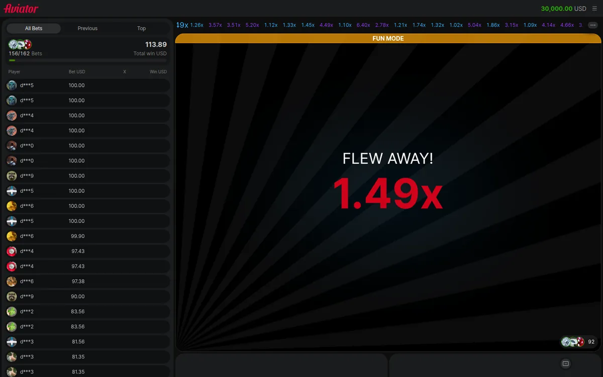 The Aviator crash game running in the provider's own free demo: a rising multiplier curve, the bet panel, and the strip of previous round results.