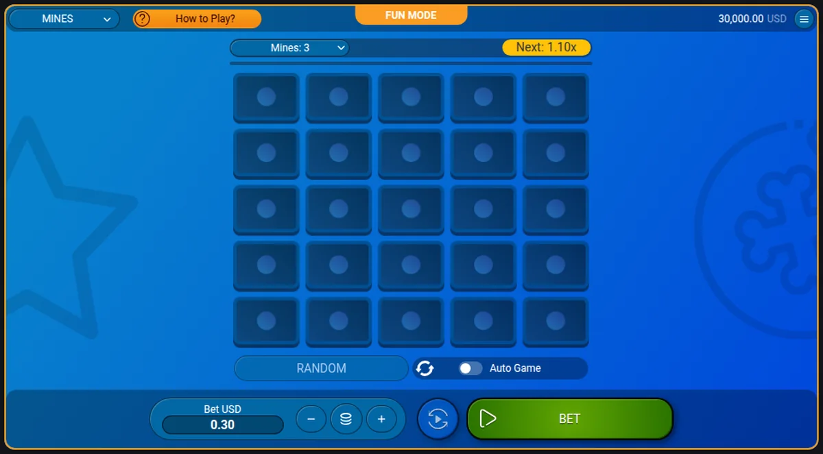 The Mines game in the provider's free demo: a grid of tiles, a mine count selector and a cash-out button.
