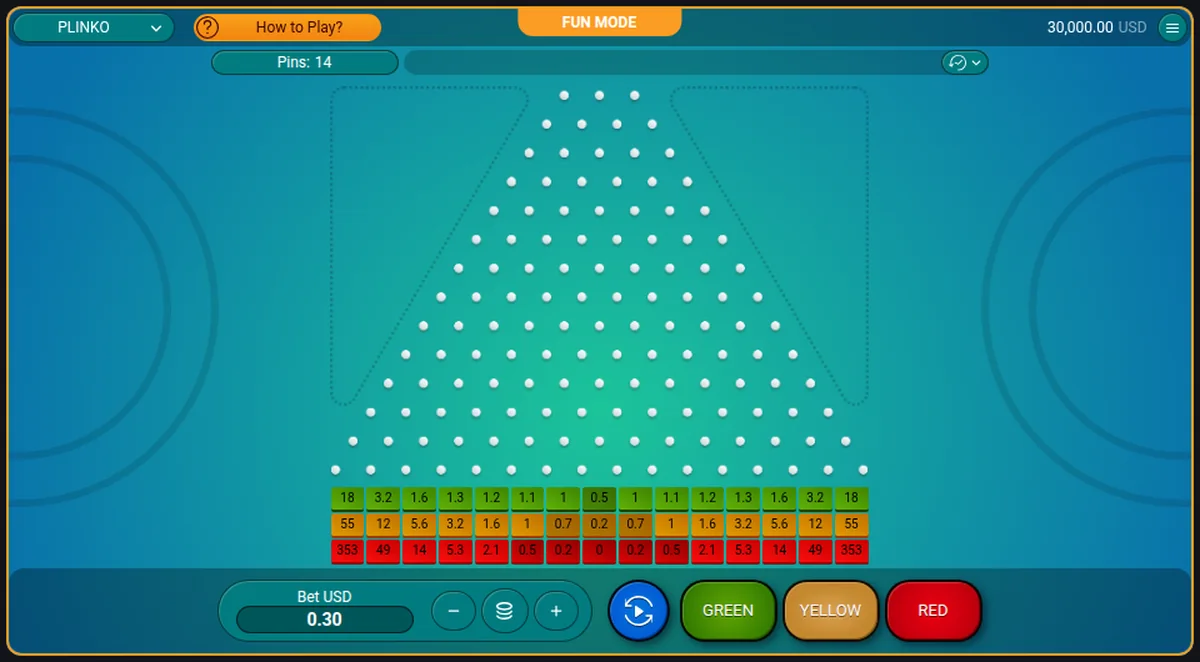 The Plinko game in the provider's free demo: a triangular field of pegs with multiplier buckets along the bottom edge.
